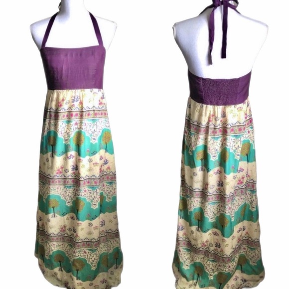Anthropologie Maeve Purple Skoura Idyll Tree Print Halter Maxi Dress Size 0 - Picture 3 of 14